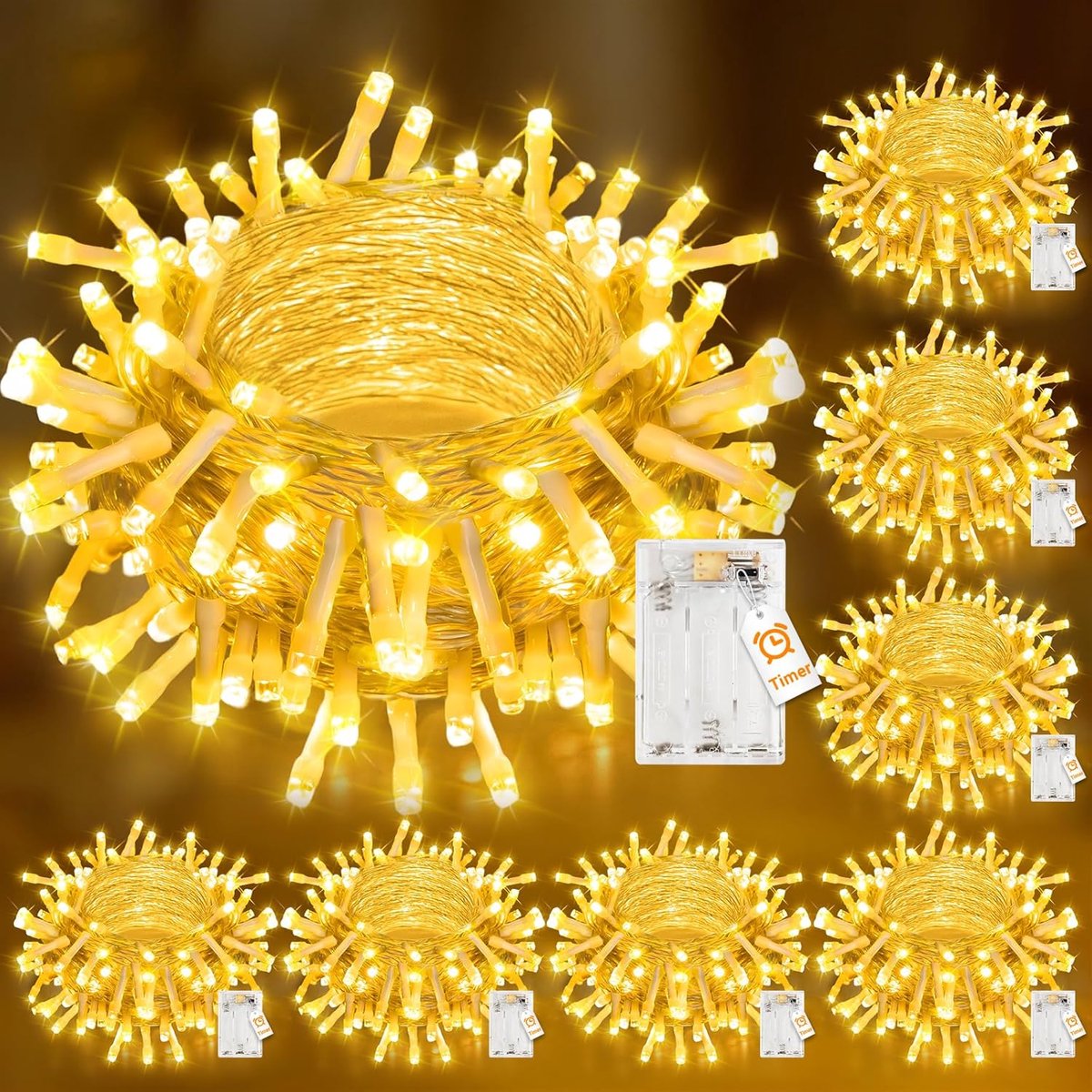 Lichtsnoer op batterijen met timer, 100 leds, kerstlichtketting, voor binnen en buiten, waterdicht, 2 modi, kerstdecoratie voor buiten, bruiloft, feest, kamer, warmwit, 8 stuks