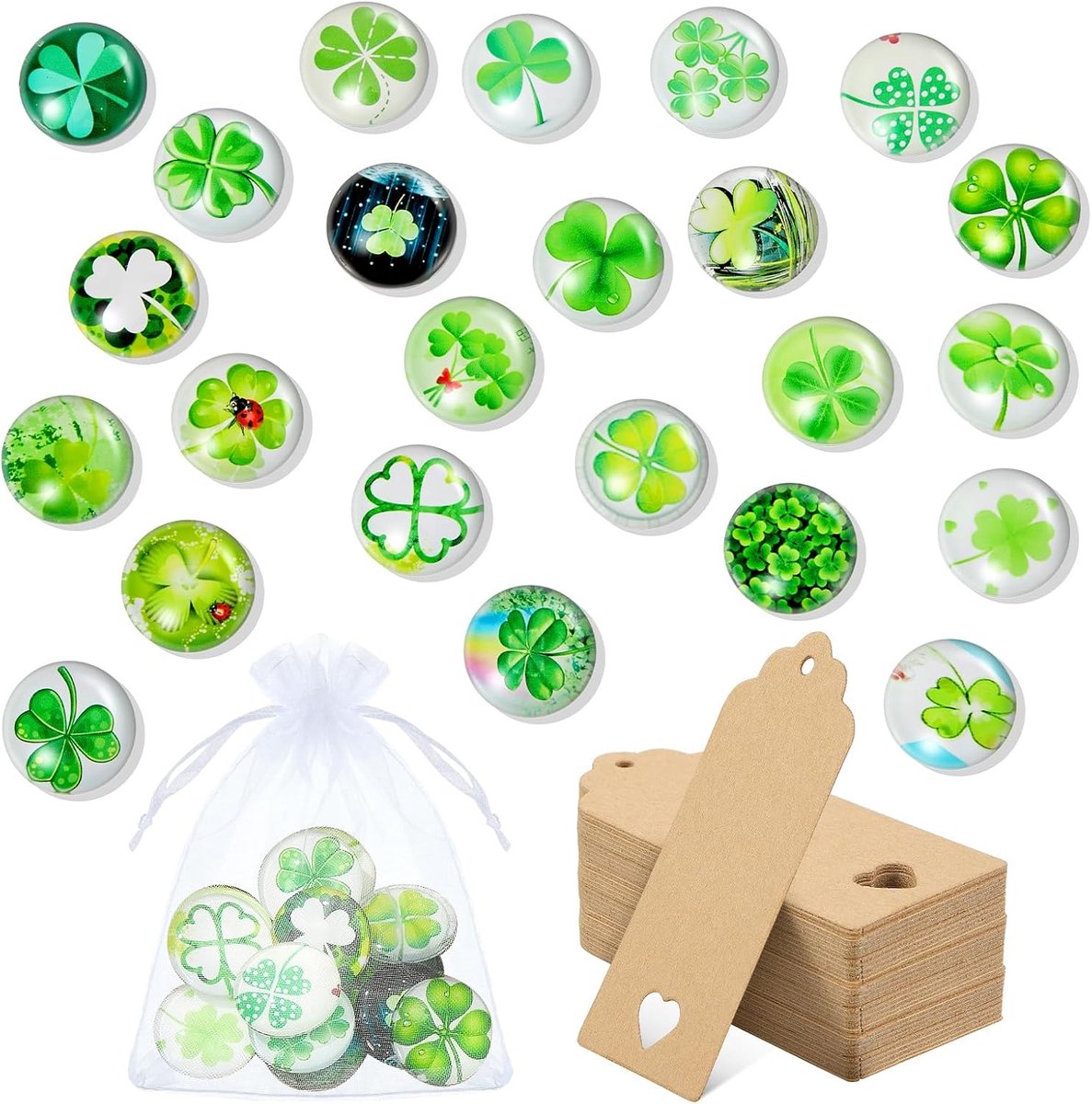 Klaverblad glazen stenen decoratieve kleurrijke glazen stenen in de vorm van klaverblad geluksbrenger 25 mm geluksstenen van glas met organza zakje en cadeauhanger