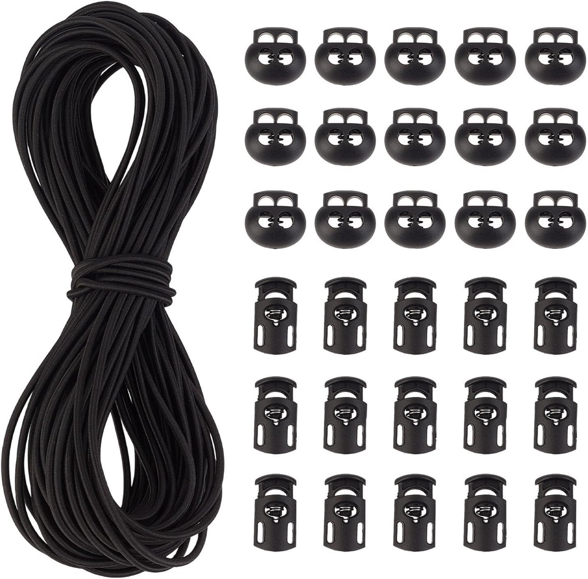 30 stuks plastic koordsloten met 30 meter x 3 mm elastisch bungeekoord, 15 stuks zanggat, 15 stuks dubbele gat veerstopper schuifregelaar, veertuimelsnoeruiteinden voor tassen