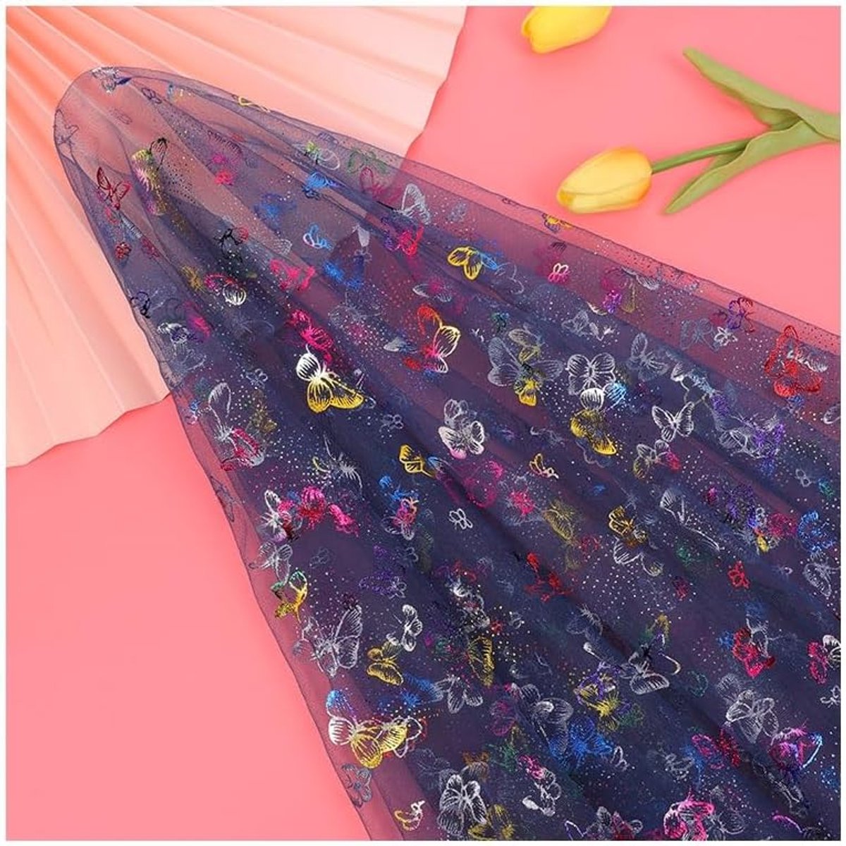 Stof, 150 cm breed, stoffen om te naaien, netstof met vlinderpatroon, glitter, polyester mesh-tule, decoratiestof, bruiloftsstof voor doe-het-zelf kleding en decoratie, marineblauw