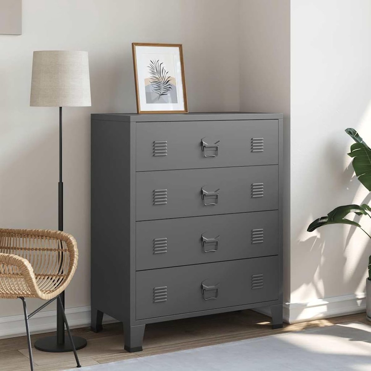 Commode antraciet 78x40x93 cm van metaal, 4-voudig met metalen handgrepen en belastbaarheid tot 20 kg/lade, voor orde in het huishouden