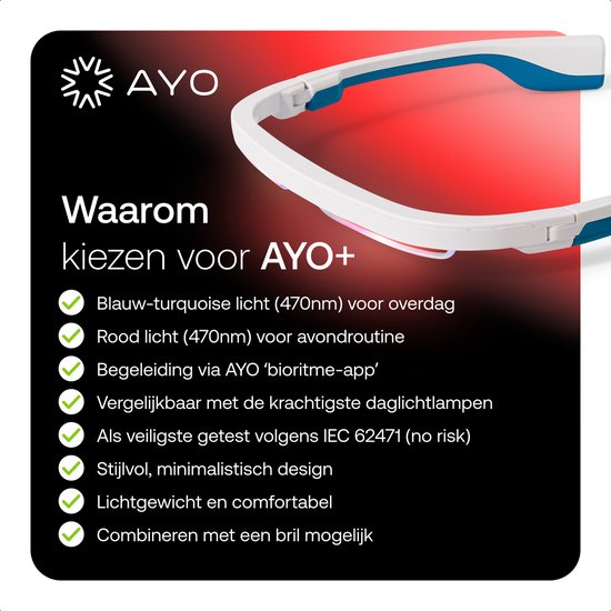 AYO+ bril met wit en blauw frame, met rood en blauw-turquoise licht en tekst over voordelen.