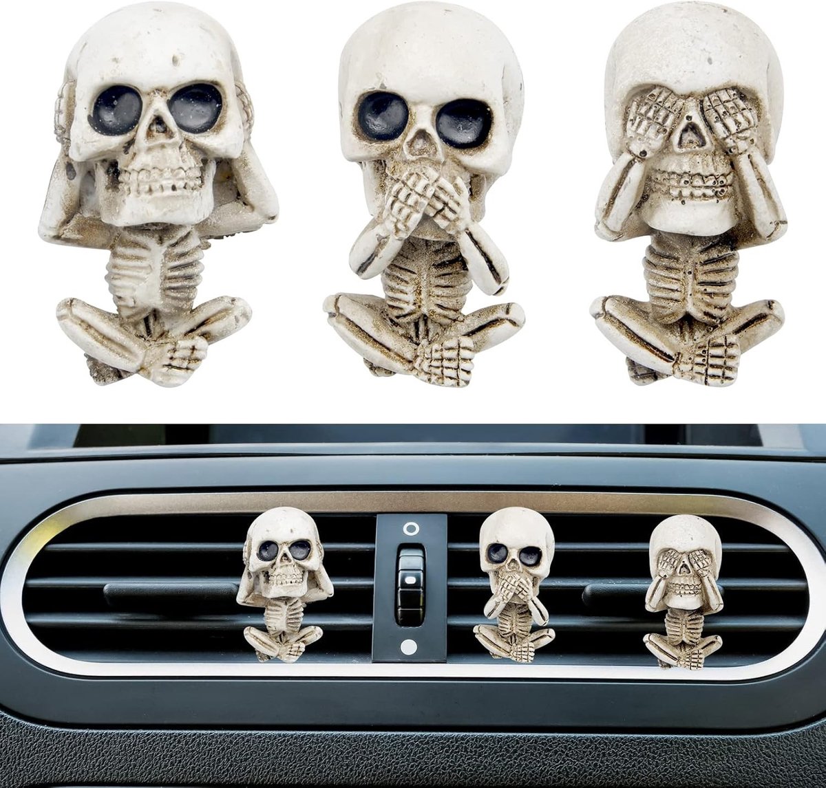 Set van 3 Auto Ventilatie Clips met Cartoon Skull Figuren - Retro Luchtverfrisser voor Auto Accessoires en Decoratie