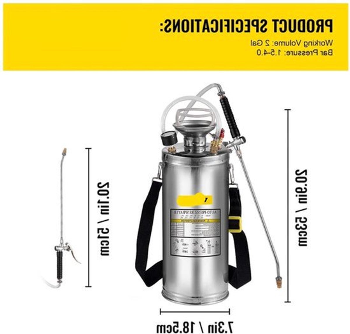 RVS Tuinsproeier - Rugspuit - Onkruidsproeier - Sproeier - Drukspuit - 8L - Handpomp - Verstelbare Messing Nozzle - voor Tuin - Reiniging - Desinfectie