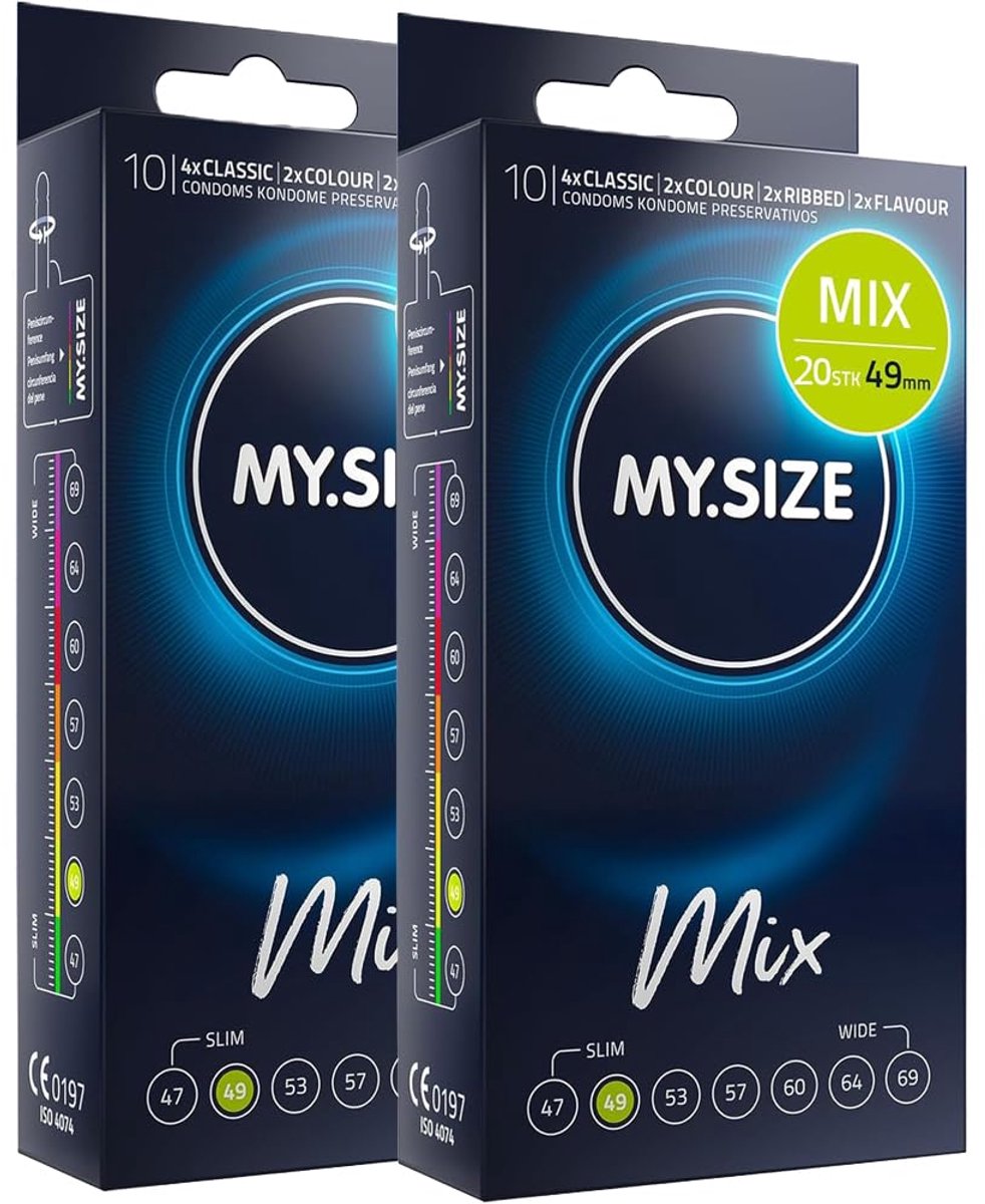 MY.SIZE Mix condooms 49mm 20 stuks – Smalle pasvorm | Variaties: blauw, rood aardbeismaak, geribbeld, natuurlijk | Premium condooms | Duits merk | Dikte 0,07mm