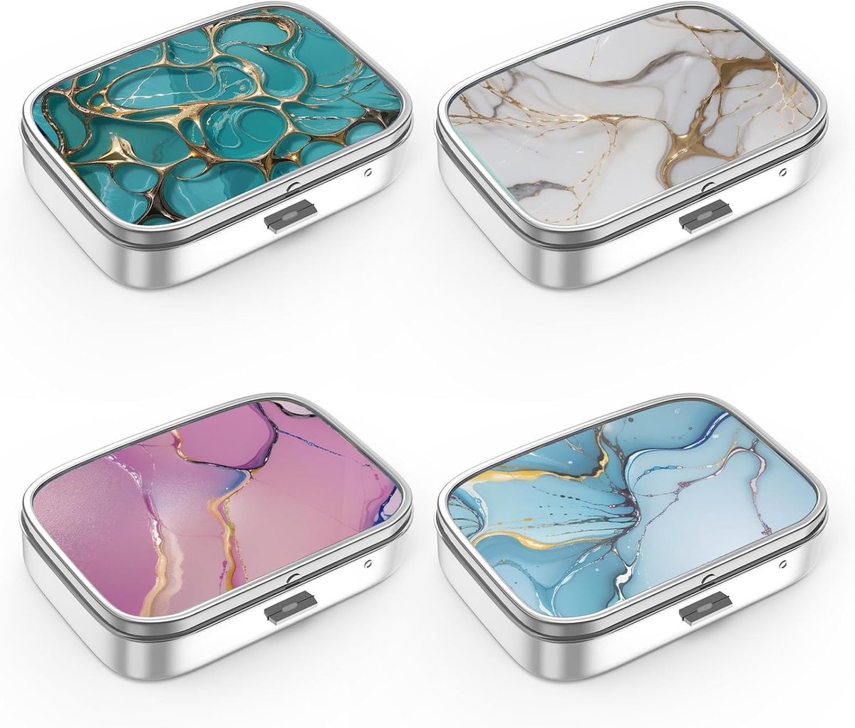Handige Pillendoos met 2 Compartimenten, Draagbare Organizer voor Vitaminen, Decoratieve Metalen Pillendoos, Perfect als Cadeau (4 Stuks, Set 4 Stijl 1)
