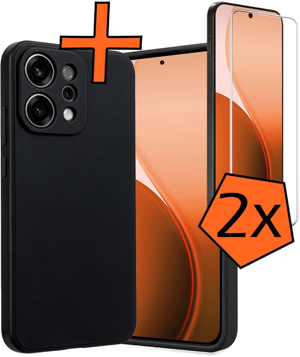 Hoes - Met 2x Screenprotector - Geschikt voor Oppo Reno 14 - Sterk & Shockproof - Back Cover - Siliconen Case - Telefoon Hoes - Zwart