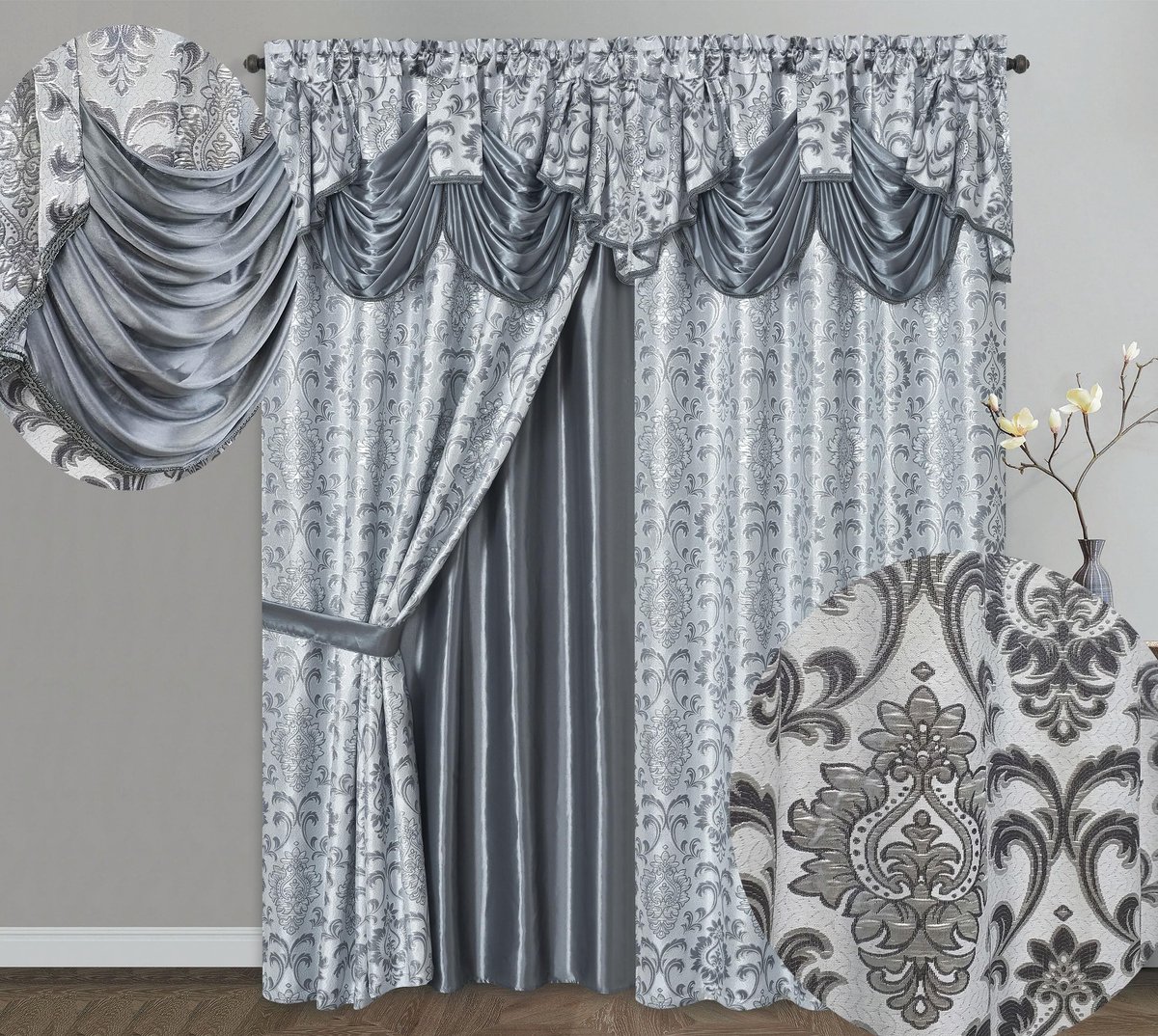 Set van 2 Jacquard Gordijnpanelen met Valletje Grijs 137 x 228 cm