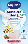Verpakking met Dagravit Complete start kids, drinkbare multivitaminen, 3-12 jaar, aardbeiensmaak, 30 sachets.