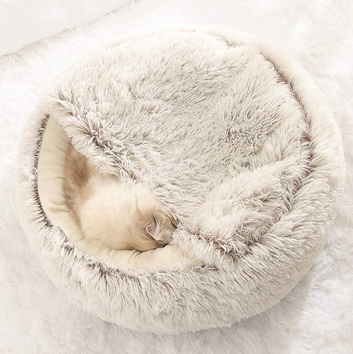 Kattenbed Pluche - Kattenhuis Slaapkussen - Veilige Rustplek - Holvormig Ontwerp - 50 cm - Gebroken Wit