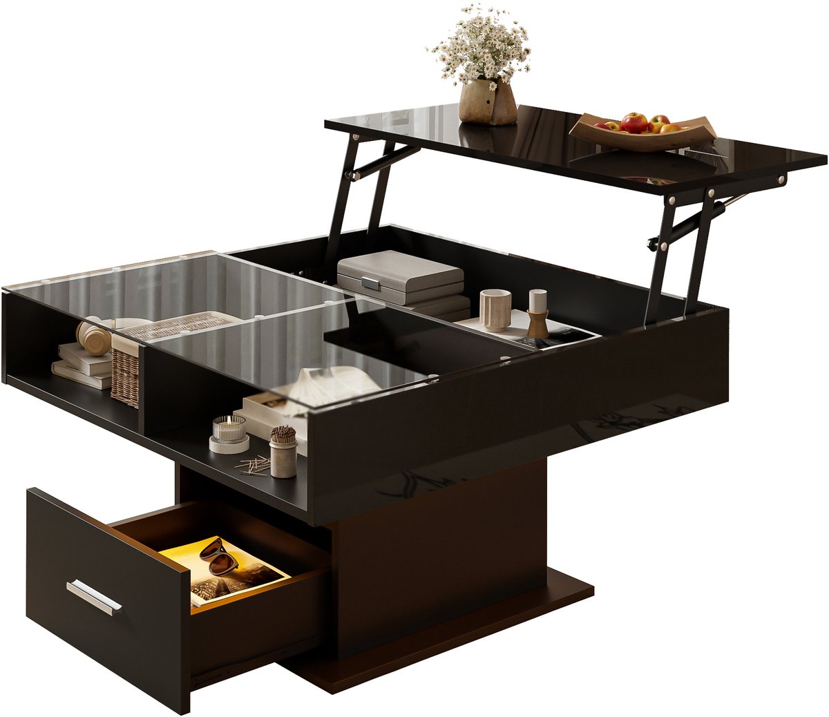 Multifunctionele Hoogglans Lift salontafel - LED-verlichting - Verstelbare hoogte - Flexibele opbergruimte - Modern design - Geschikt voor woonkamer, kantoor en kleine appartementen