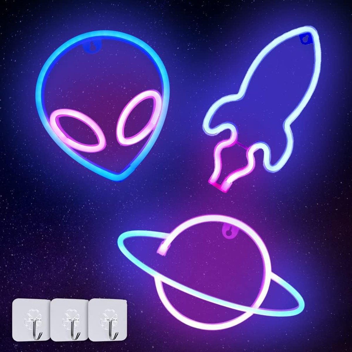 3 Pack Rocket Planet Alien Square Neon Sign Battery USB Sign Neon Sign Neon Sign Neon Light for Bedroom Playroom Bar - ShopVlot