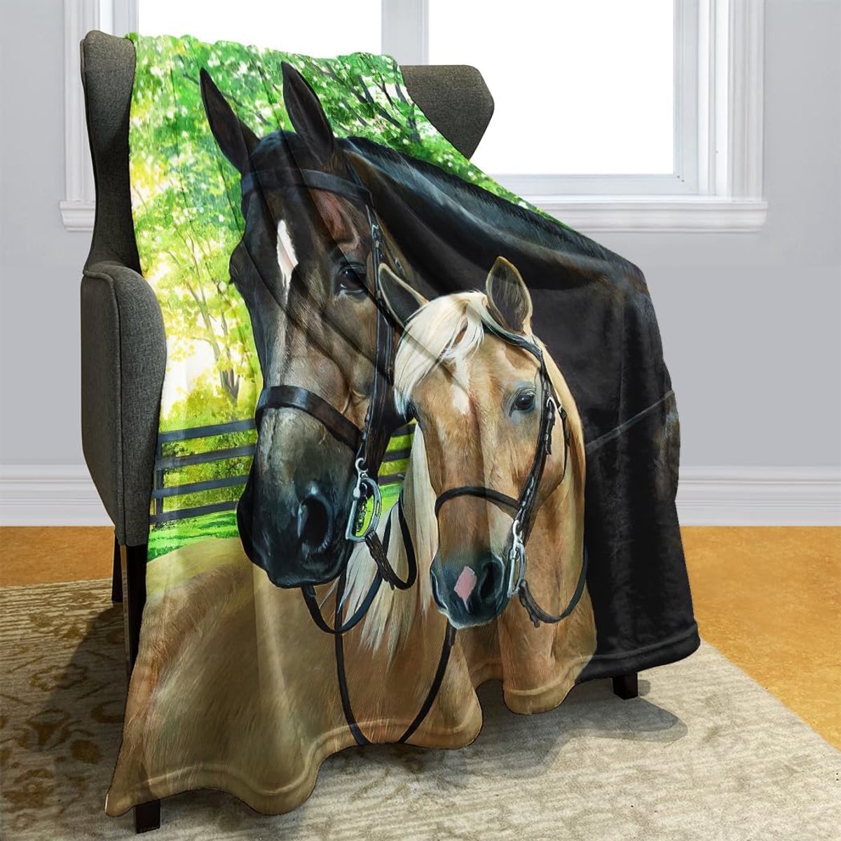 125 x 200 cm, Flannel Blanket, Soft Fleece Blanket, Cuddly Blanket, Soft Bedspread, 2 Horses, Farmhouse - ShopVlot