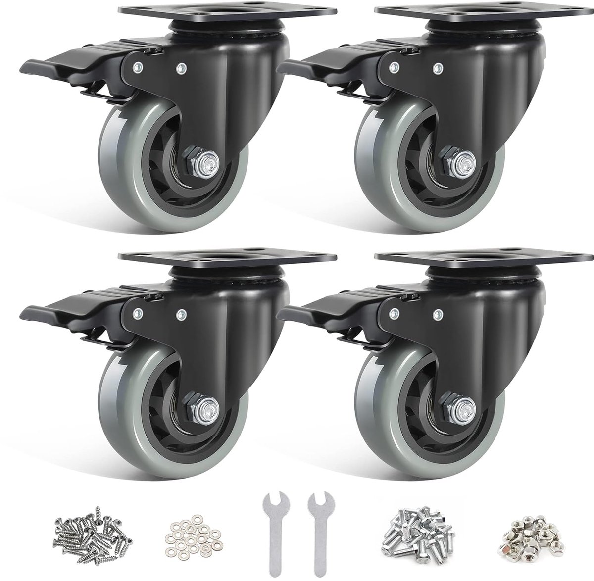 75mm Blue Casters 4 pieces set Furniture castors up to 500 kg, 360° Rotatable Heavy Wheels with Brake, Screws and Dust - ShopVlot