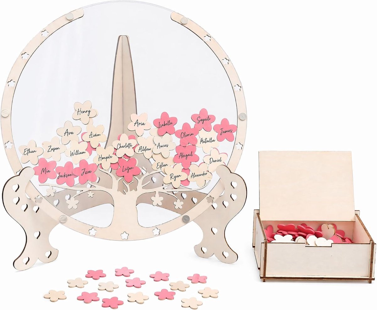 Gastenboek voor bruiloft, hout, met inlegdoos en 80 houten bloemen, gepersonaliseerd bruiloftsgastenboek voor - ShopVlot
