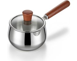 Melkpan 1200 ml - roestvrij staal 316 - met deksel en houten handvat - ideaal voor dagelijks gebruik - ShopVlot