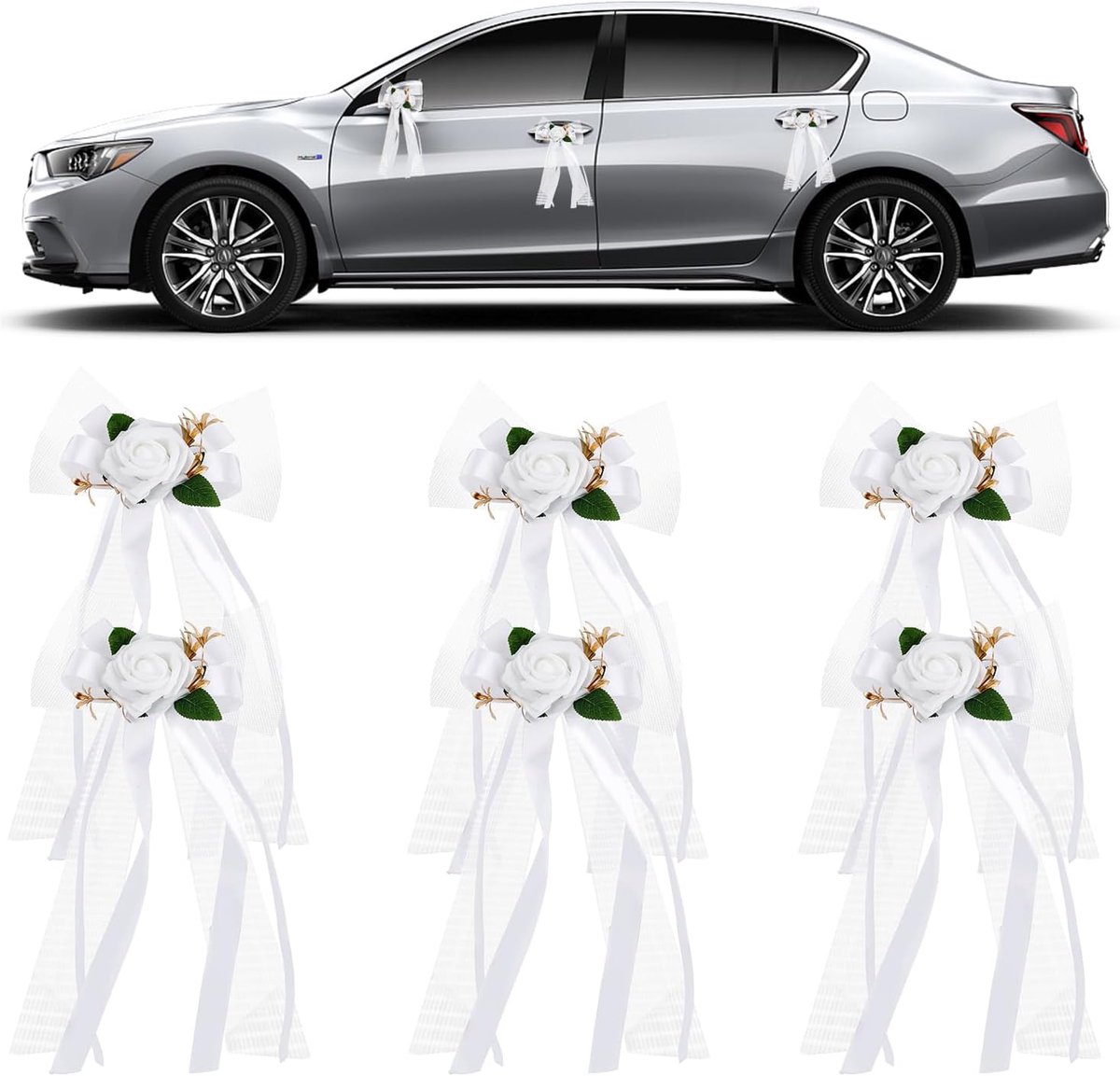 Set van 6 kunstbloemen voor trouwauto - met strik en tule - elegante decoratie voor achteruitkijkspiegels - ShopVlot