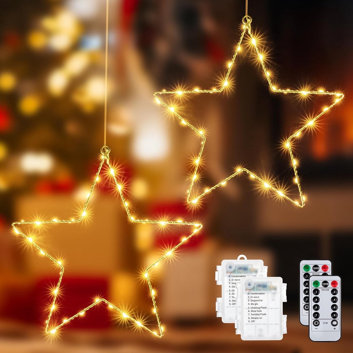 LED Ster Raamdecoratie met Timer en Afstandsbediening, Warm Wit Licht