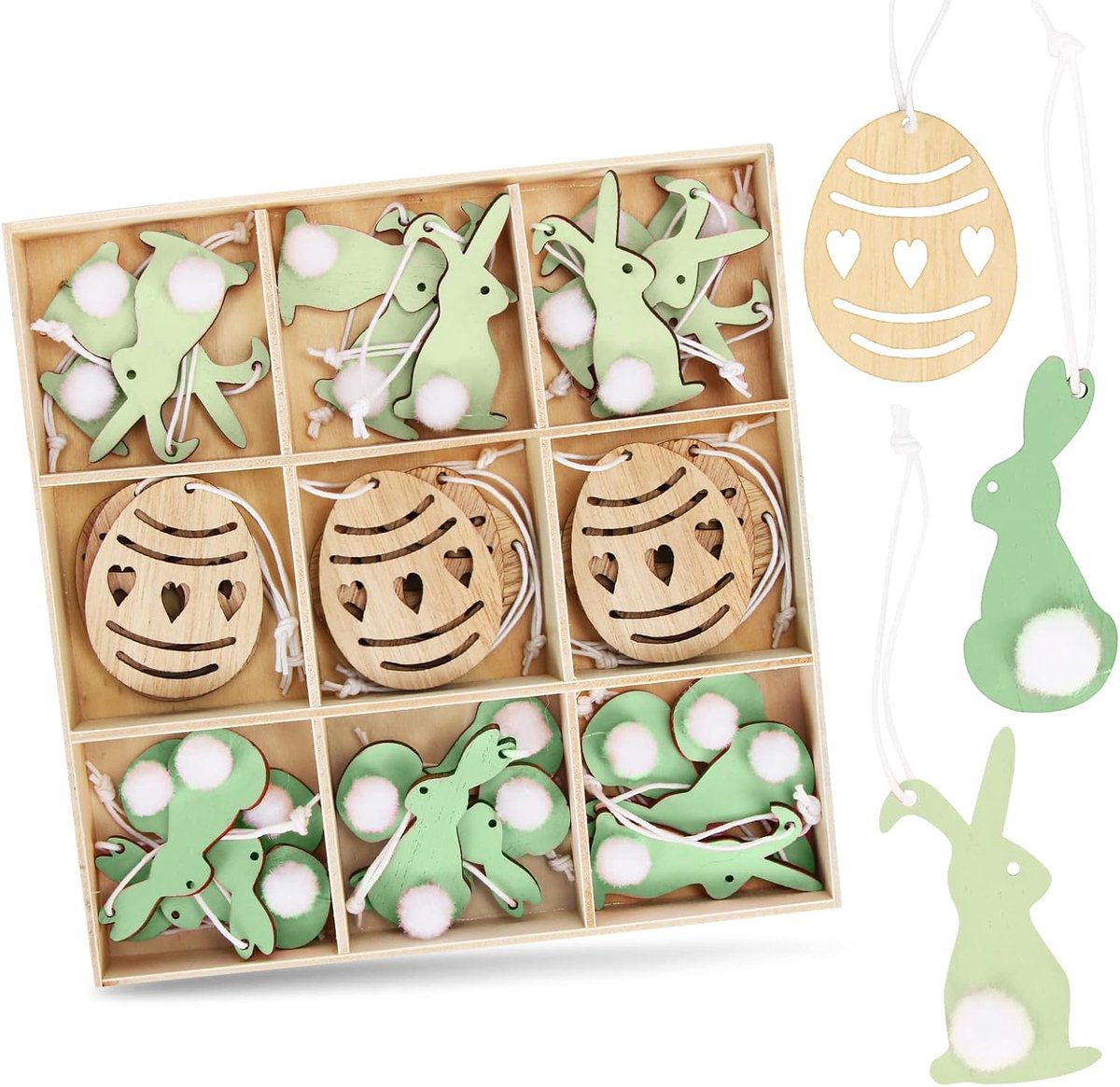 Houten Paashaas Hanger - 24 Paashazen en 12 Paaseieren - Decoratie voor Pasen - Eenvoudig te hangen - ShopVlot