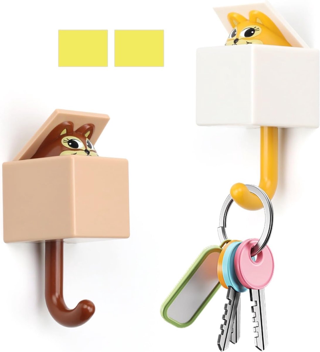 Sleutelhangers met eekhoorn - zelfklevende wandhaken - bruin en geel - speelse organisatie voor kinderkamer - ShopVlot