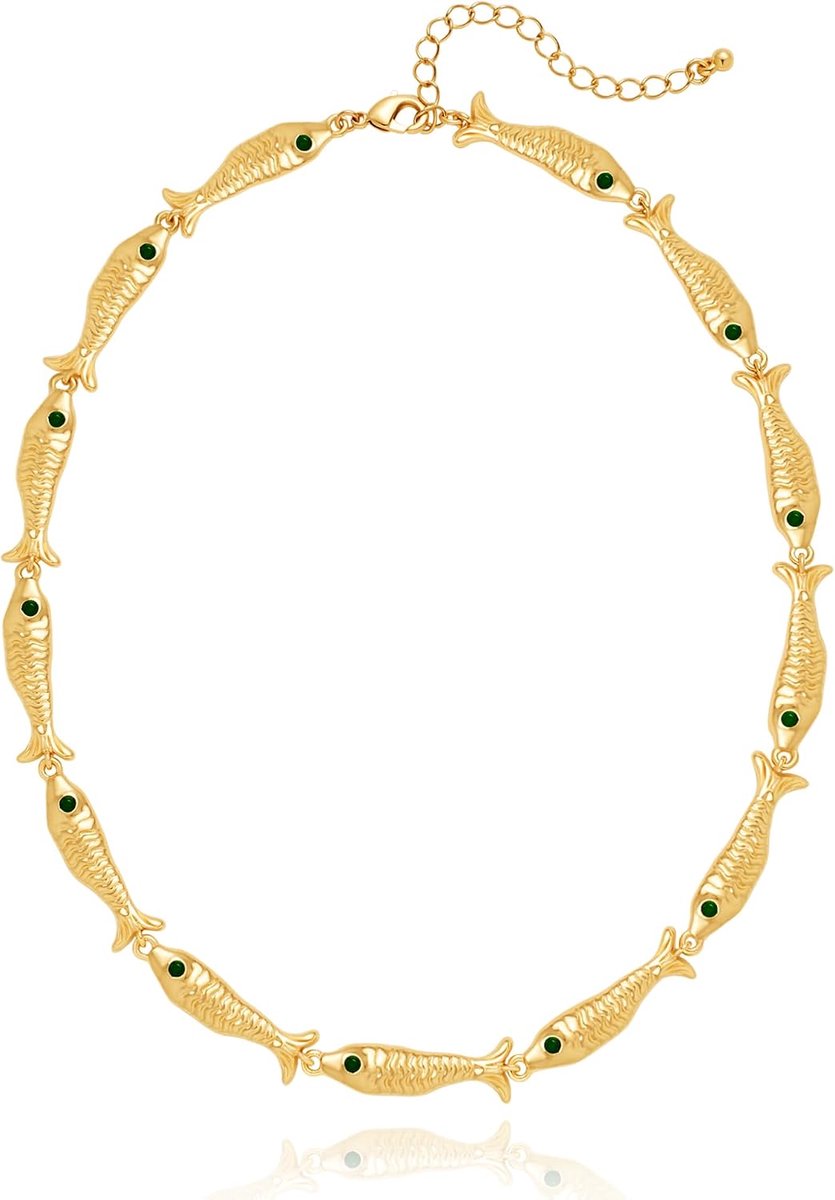 Halsketting dames - gouden visdesign - groene strass-steentjes - elegant vintage sieraad - ShopVlot