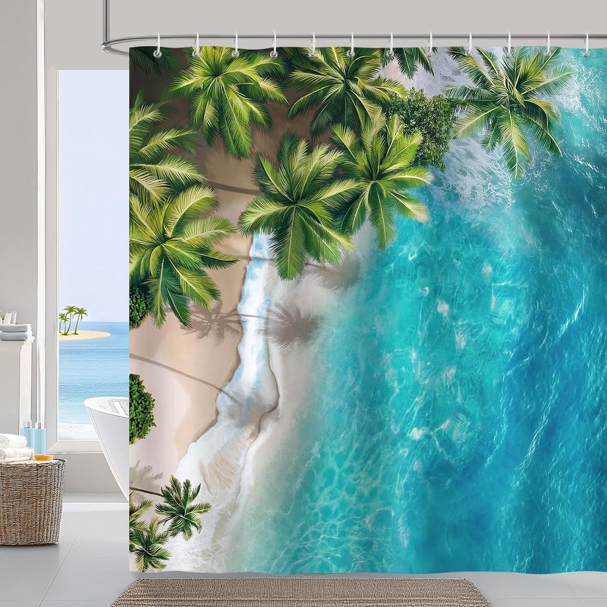 Douchegordijn palmstrand 180x180 cm - polyester - waterdicht - tropische sfeer - ShopVlot