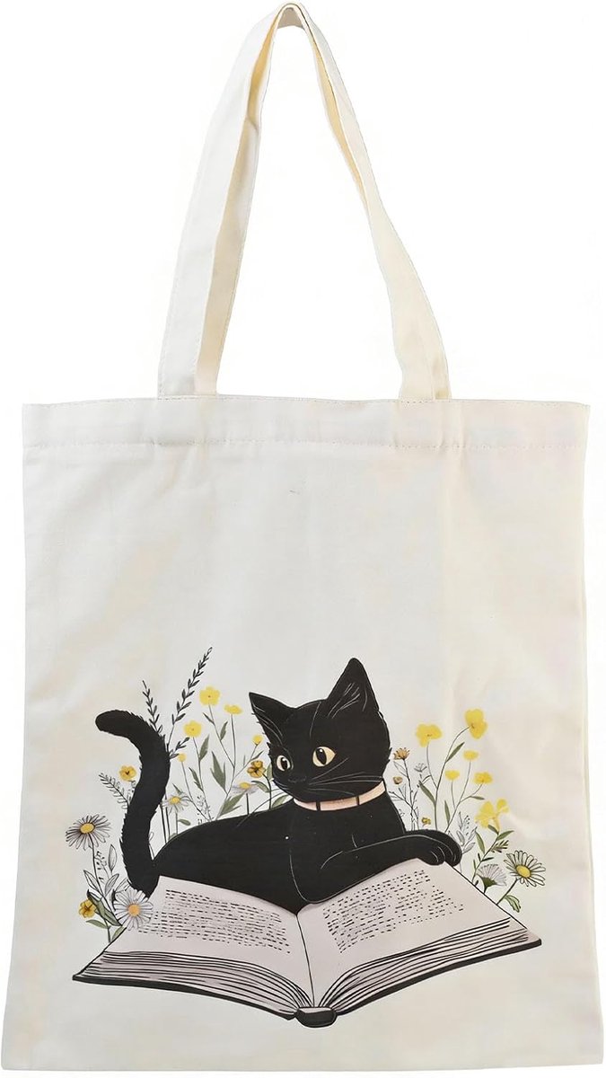 Katoenen tas 40 x 34 cm - vintage canvas - bedrukt met kat - perfect voor winkelen - ShopVlot