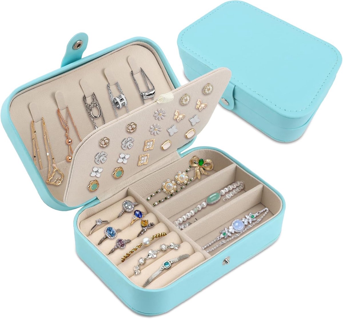 Sieradenbox klein - Lichtblauw PU - Met compartimenten - Perfect voor ringen en oorbellen - ShopVlot