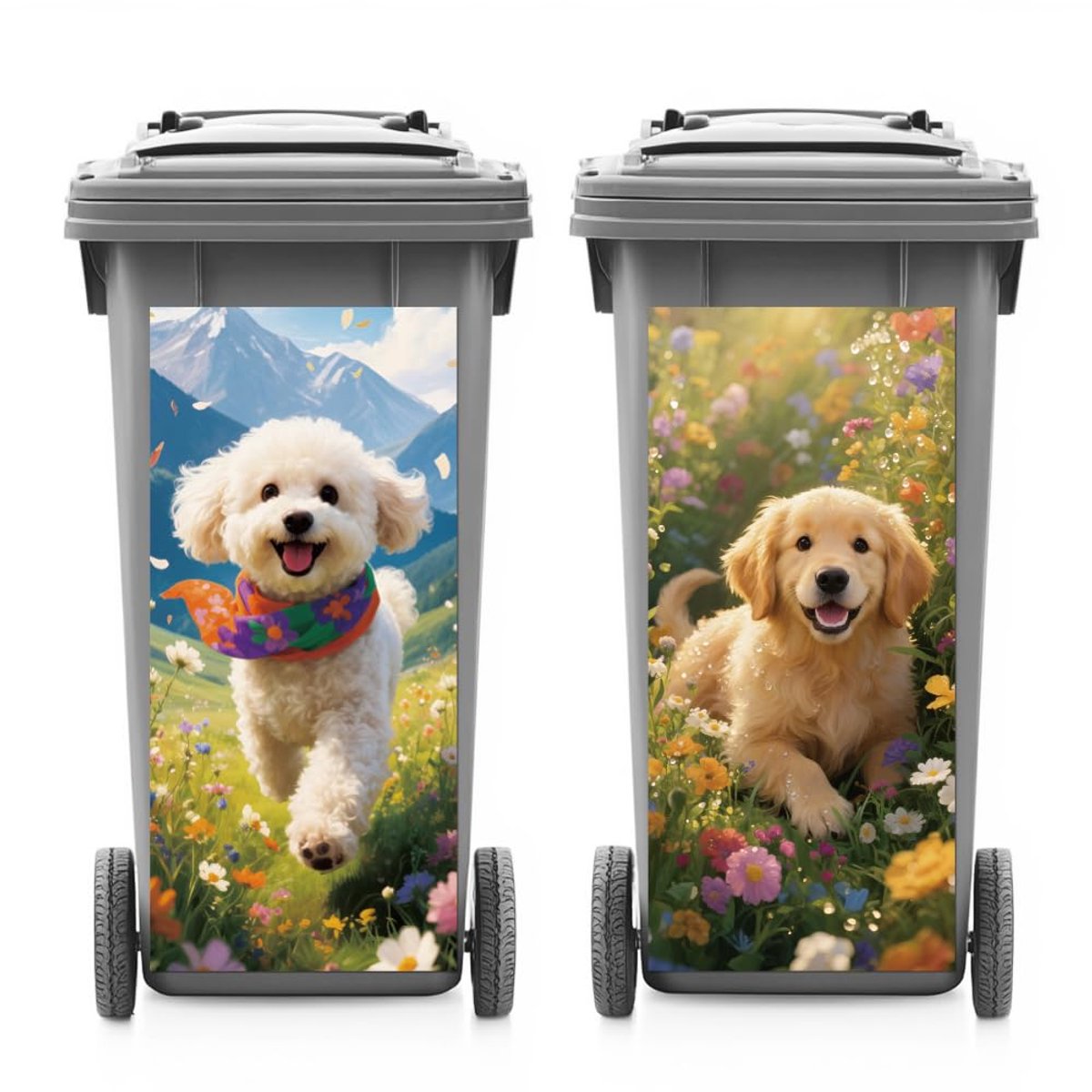 Afvalcontainer stickers puppy en bloemen - 37,8cm x 82cm - waterdicht - vrolijke decoratie voor buiten en binnen - ShopVlot