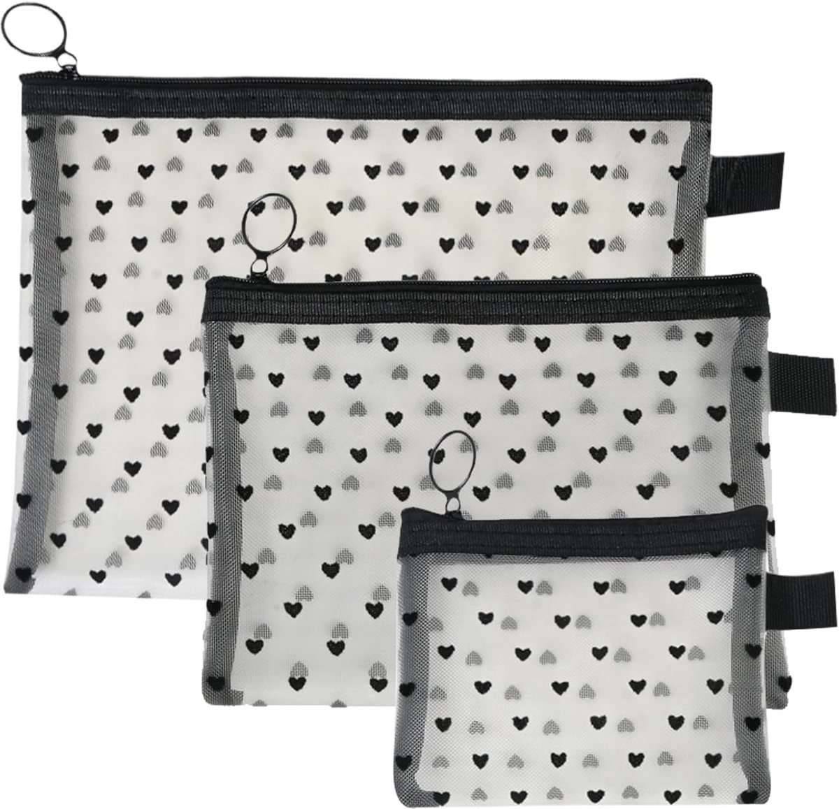 3 stuks cosmeticatas, kleine transparante tas, toilettas voor dames, met hartvorm, nylon, reissluiting, make-uptas - ShopVlot