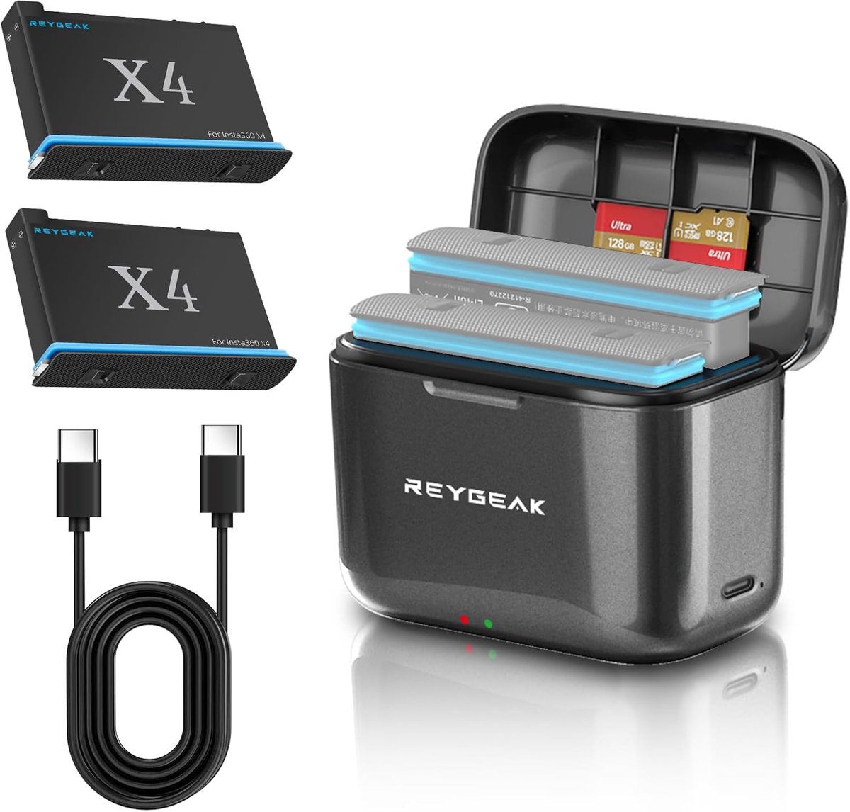 REYGEAK Accu en oplader voor Insta360 X4, 2 stuks draagbare batterijen met 2 aansluitingen, acculading, 2500 mAh - ShopVlot