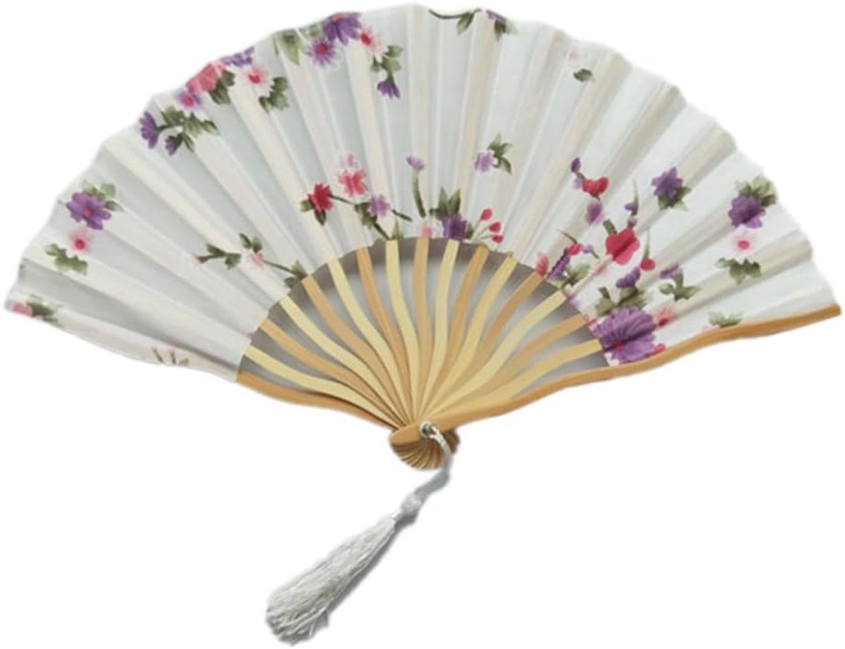 1 Pcs Folding Fan Hand Fan Chinese Flowers Fabric Fans with Tassels for Wedding Party Stage Performance Wall - ShopVlot
