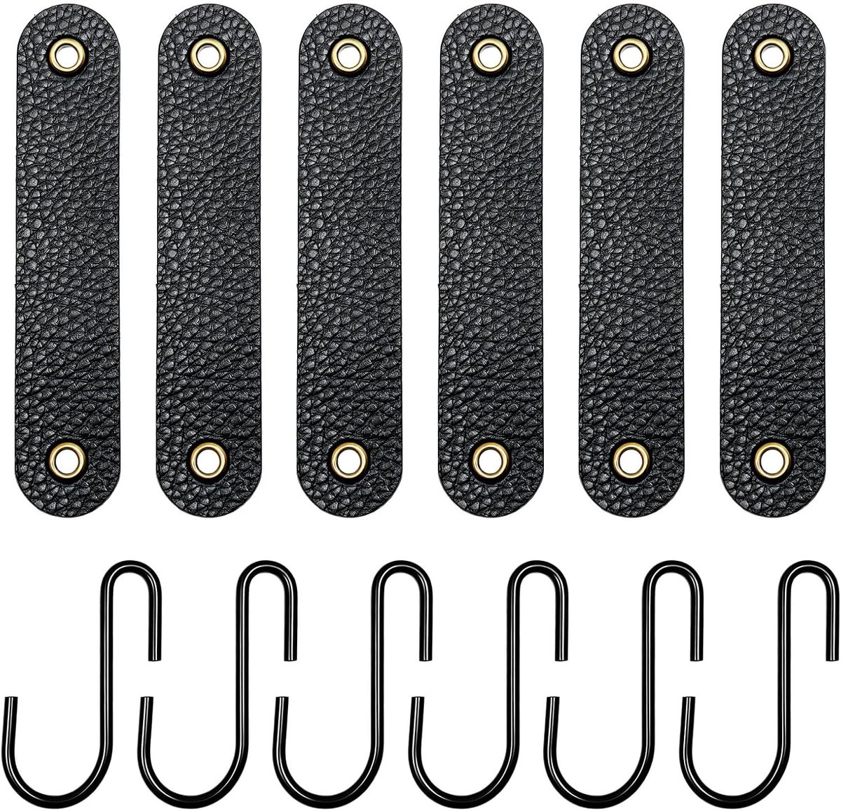 6 stuks zwarte S-haken met leren gesp, veelzijdige S-haken voor ophanghaken, keuken, badkamer en camping, robuuste - ShopVlot