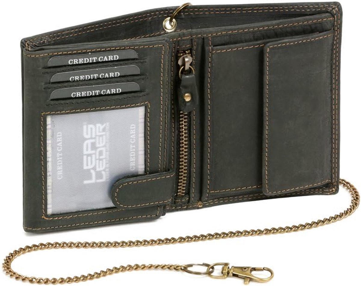 Leas Chain Series Biker Combination Wallet in Portrait Format with Chain Vintage Style in Genuine Leather, Black - ShopVlot