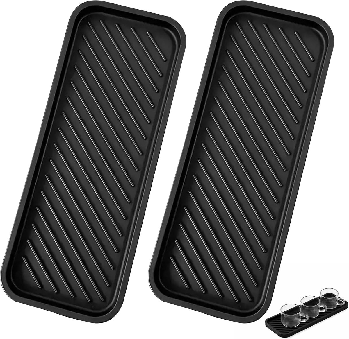 2 stuks zwarte afdruipmatten, smal, siliconen afdruipmat, gootsteen, 23 x 9 cm, multifunctionele plank - ShopVlot