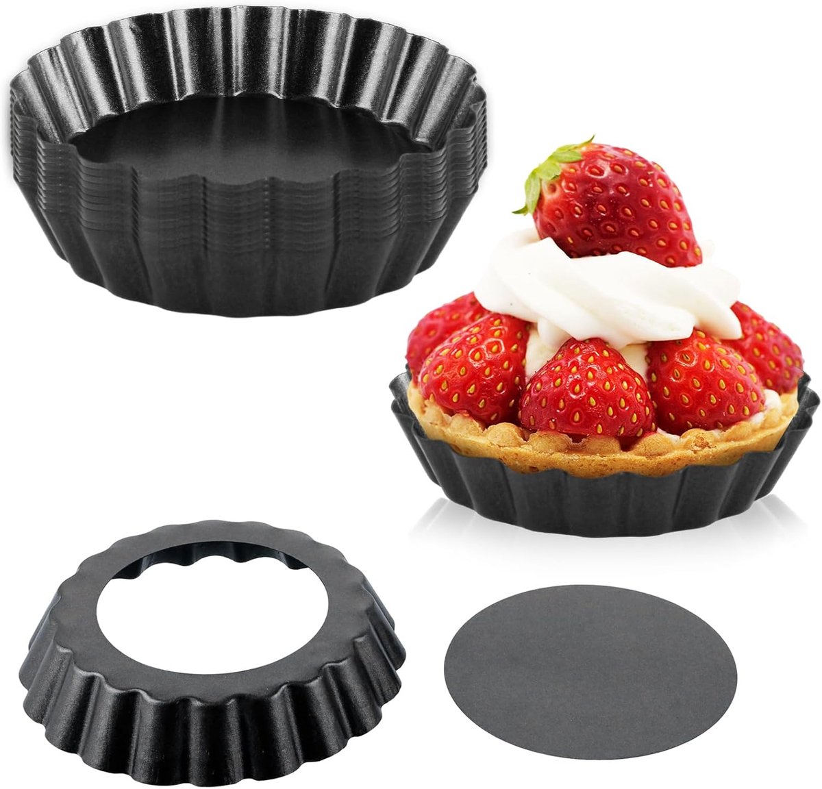 12 stuks tartelette-vormpjes, 10 cm, quichevorm, klein, met hefbodem, antiaanbaklaag, mini-tartelette-vormpjes - ShopVlot