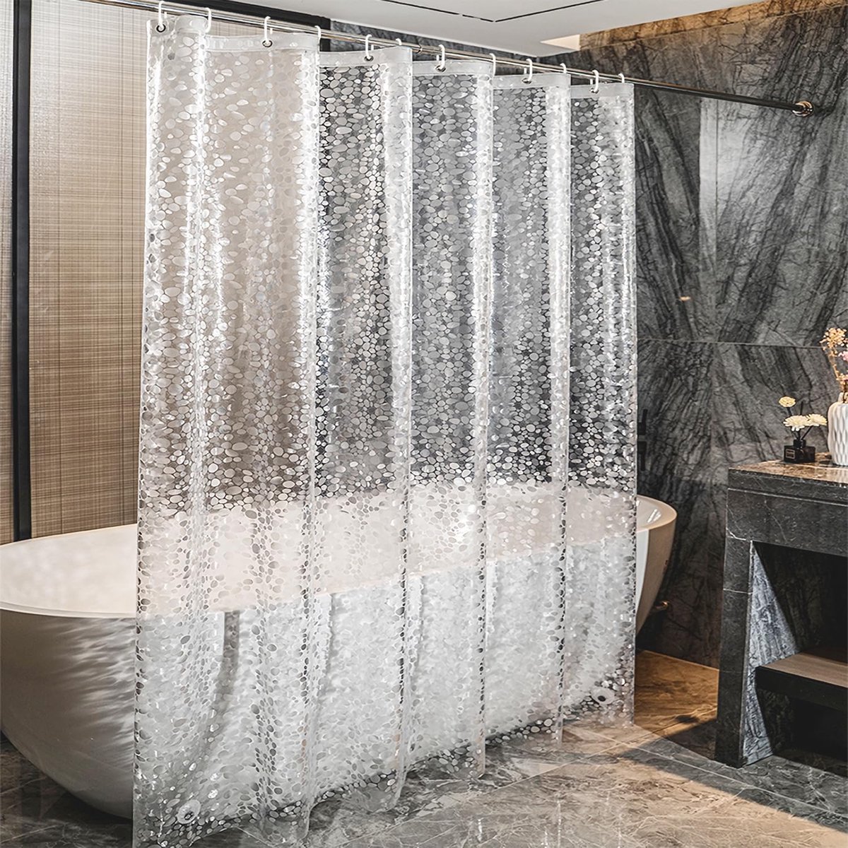 Bath Curtain, Semi-Transparent, Thick 0.2 mm, 3D Stone Pattern, Mildew Resistant for Bathroom, Bath, Plastic Shower - ShopVlot