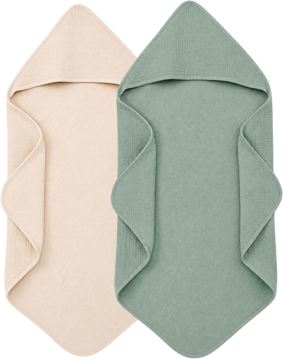 Set van 2 babyhanddoeken met capuchon, van mousseline katoen, babyhanddoek met capuchon, 6-laags en absorberend - ShopVlot