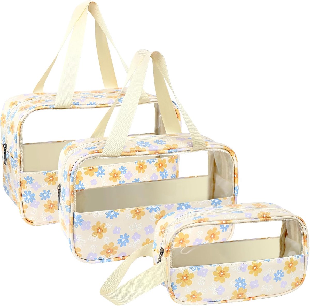 LEcylankEr Transparent Toiletry Bag Set of 3 Portable Cosmetic Bag Waterproof PVC for Women, Yellow Print - ShopVlot