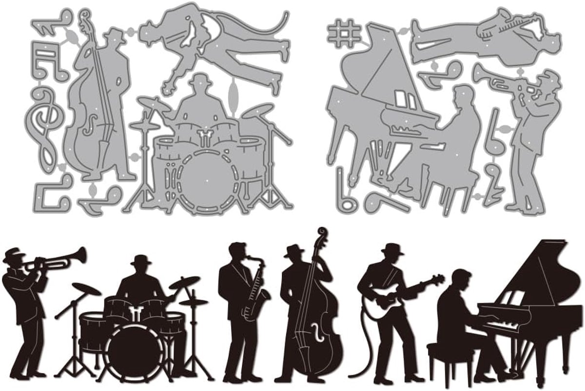 Stansset muziek thema - vintage jazzband - metalen snijvormen - perfect voor kaartmaken en scrapbooking - ShopVlot
