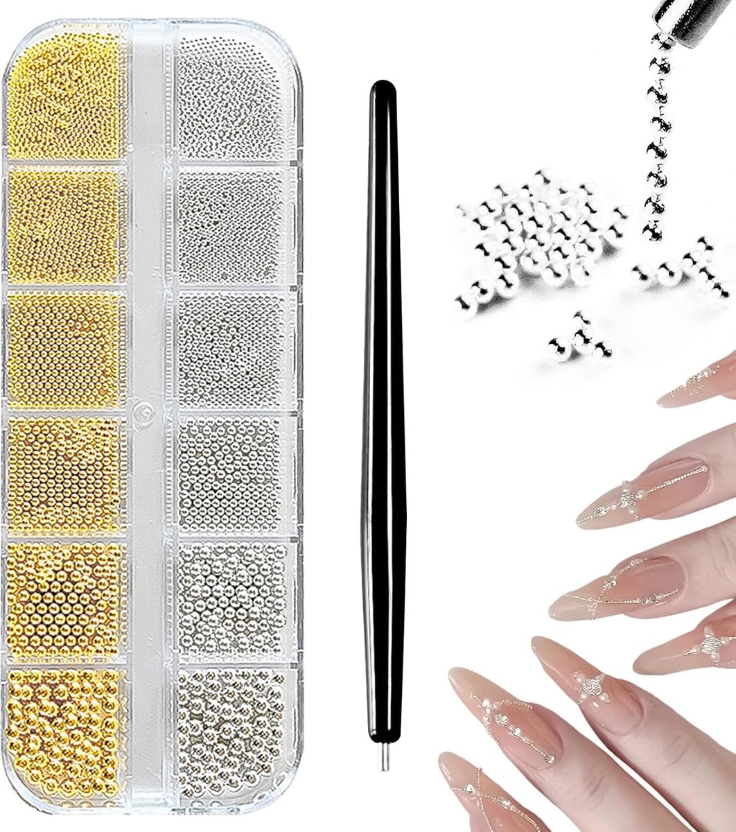 Nagelkralen set 6 maten - gouden kaviaarkralen - hoogwaardige metal - perfecte nageldecoratie - ShopVlot