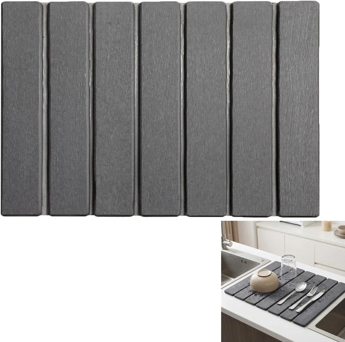 Afdruipmat 40 x 30 cm - opvouwbaar antislip - donkergrijs - houdt werkoppervlakken droog - ShopVlot