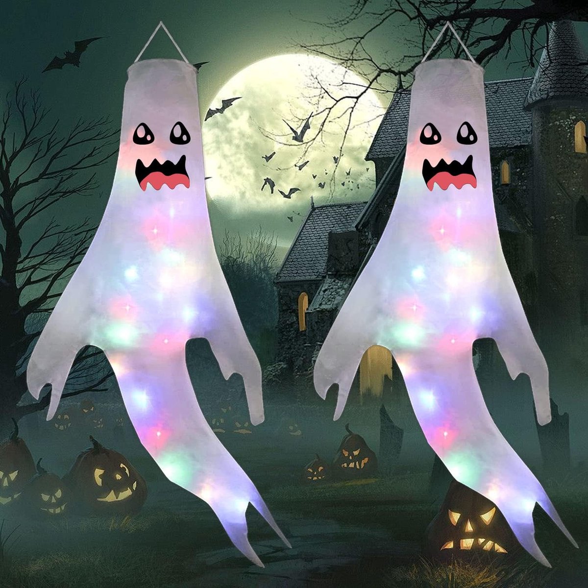 Halloween Decoratie Hangende Geesten met Lichten - 2 Stuks LED Geest - 3D Realistisch - ShopVlot