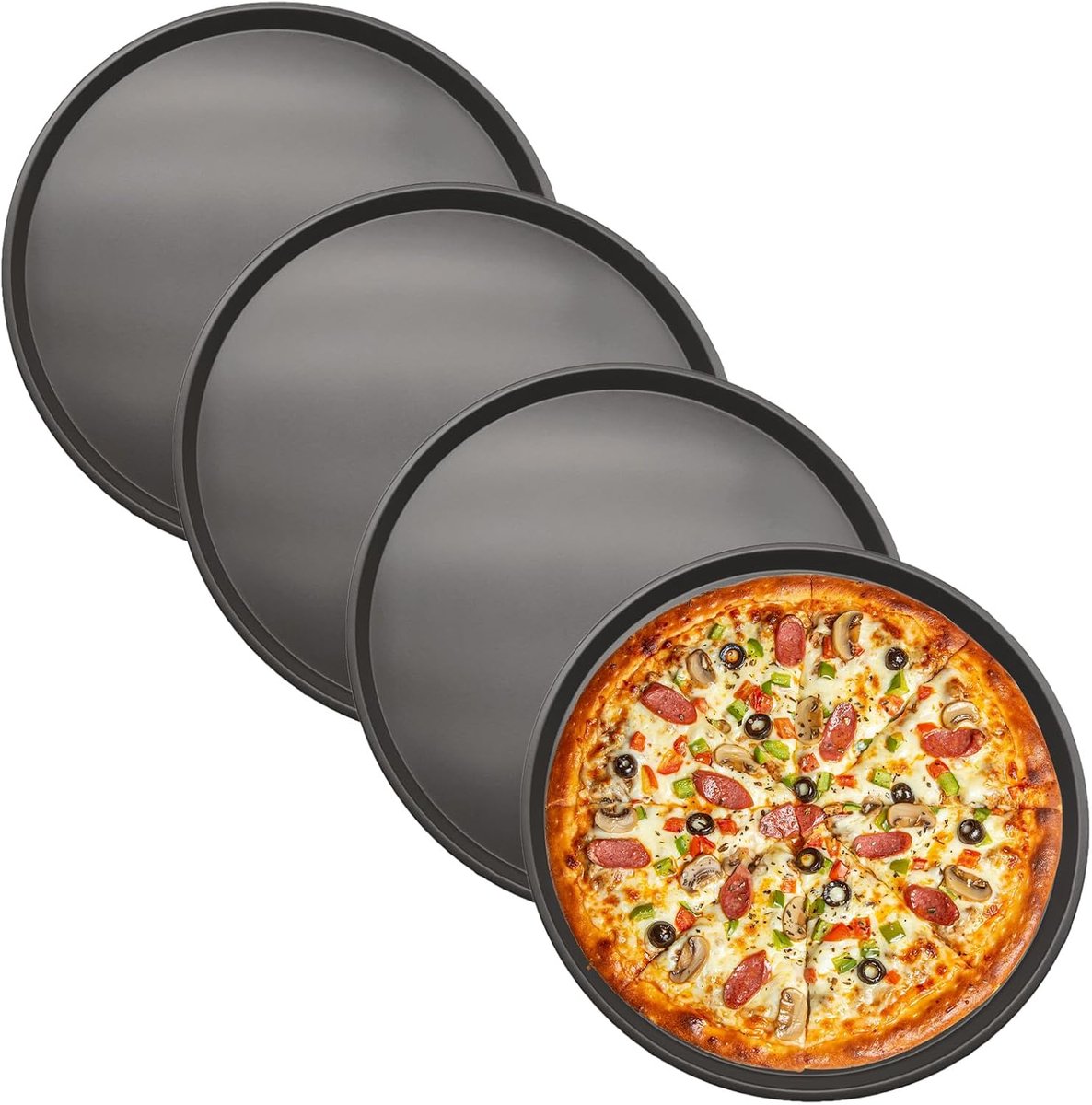 Pizzablaten set van 4 stuks - ronde pizzaplaat 29 cm - antiaanbaklaag van koolstofstaal - knapperige korst - ShopVlot