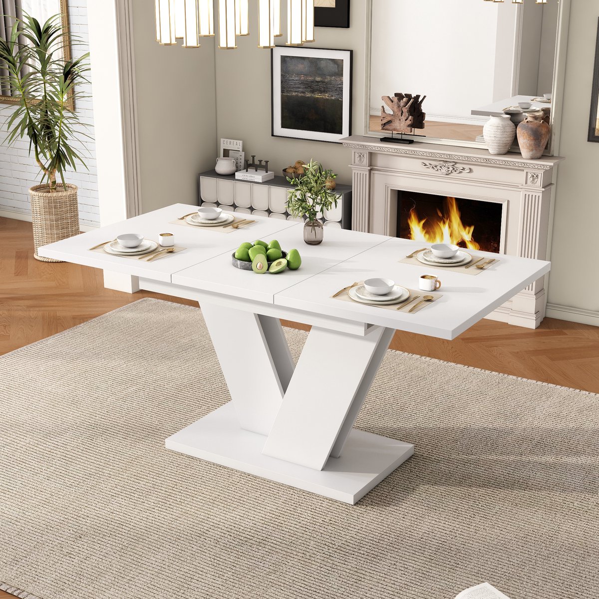 MODFU Uitschuifbare Eettafelset - 6 Stoelen - Wit - Beige Stoelen - 160 X 80 Cm