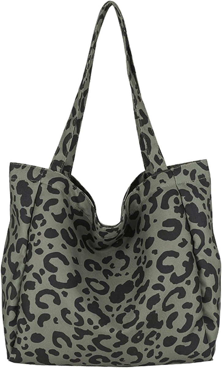 Schoudertas grote capaciteit - groene luipaardprint - met binnenste canvas tas - ideaal voor school en werk - ShopVlot