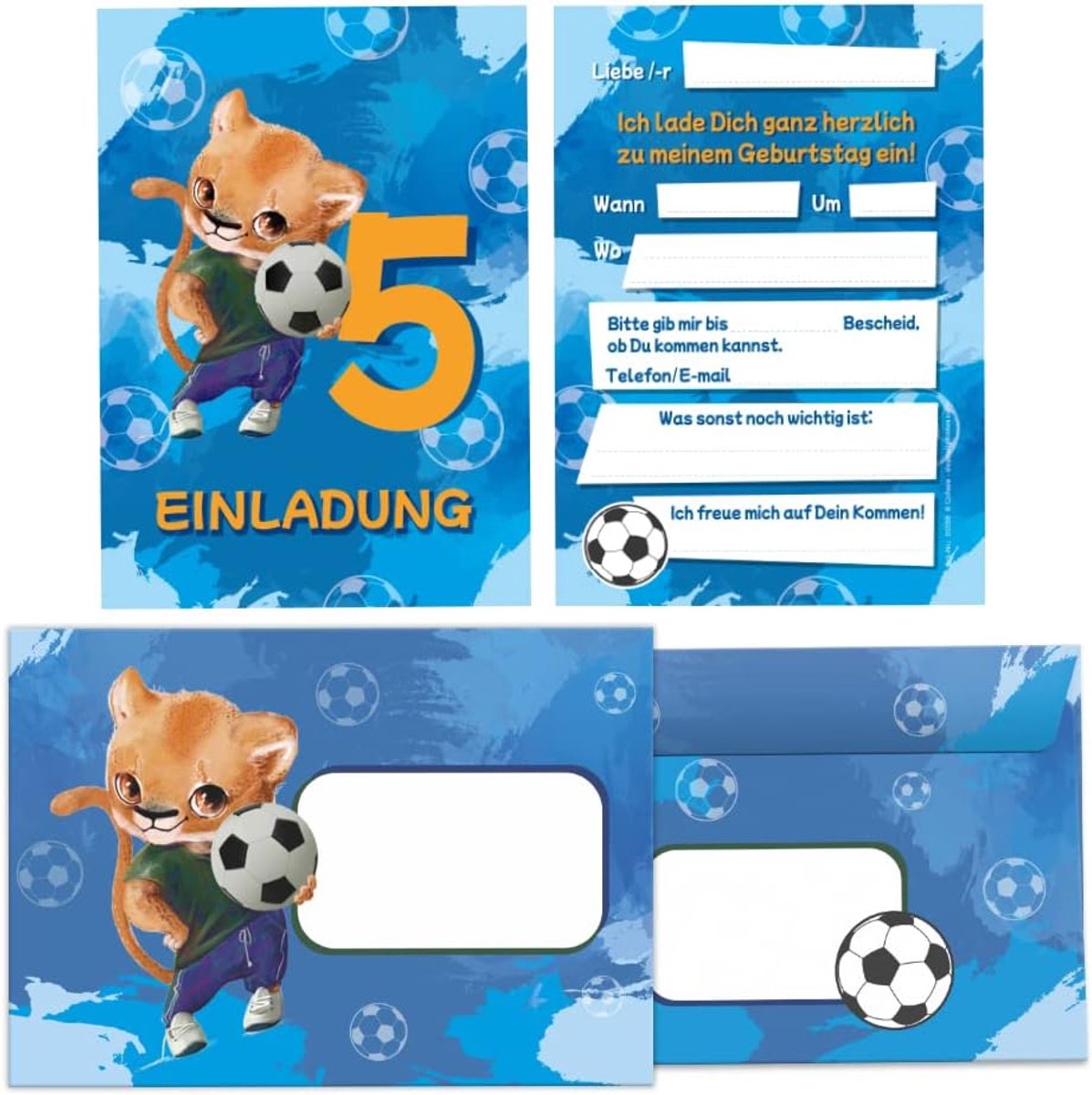 Uitnodigingskaarten 12 stuks - 5e verjaardag - Voetbal en Leeuw - Inclusief enveloppen - ShopVlot
