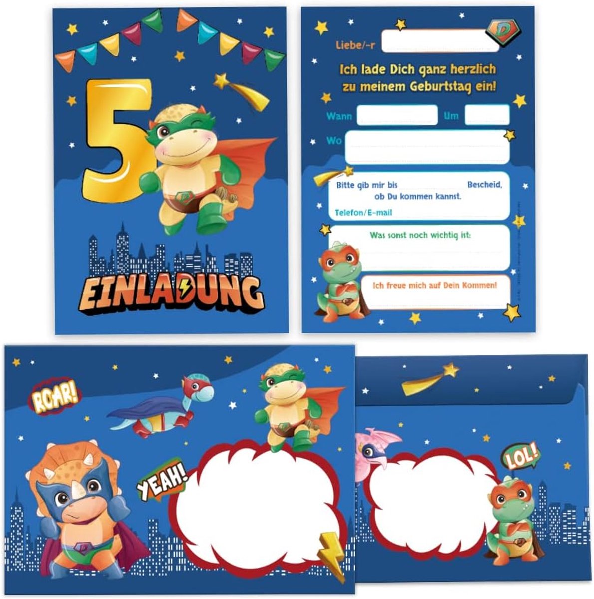 uitnodigingskaarten 12 stuks - dino thema - inclusief enveloppen - perfect voor 5e verjaardag - ShopVlot