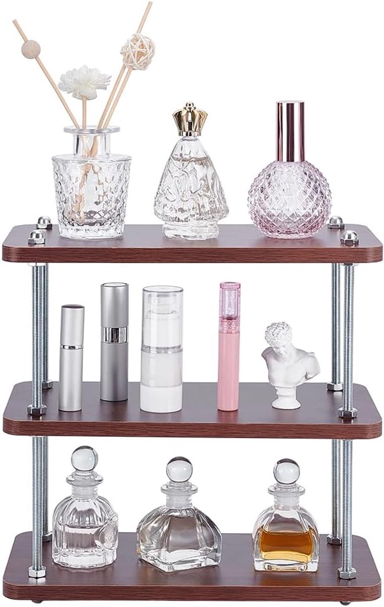 Houten badkamer organizer 3 lagen - zadelbruin rechthoekig - duurzaam ontwerp - ideaal voor make-up - ShopVlot
