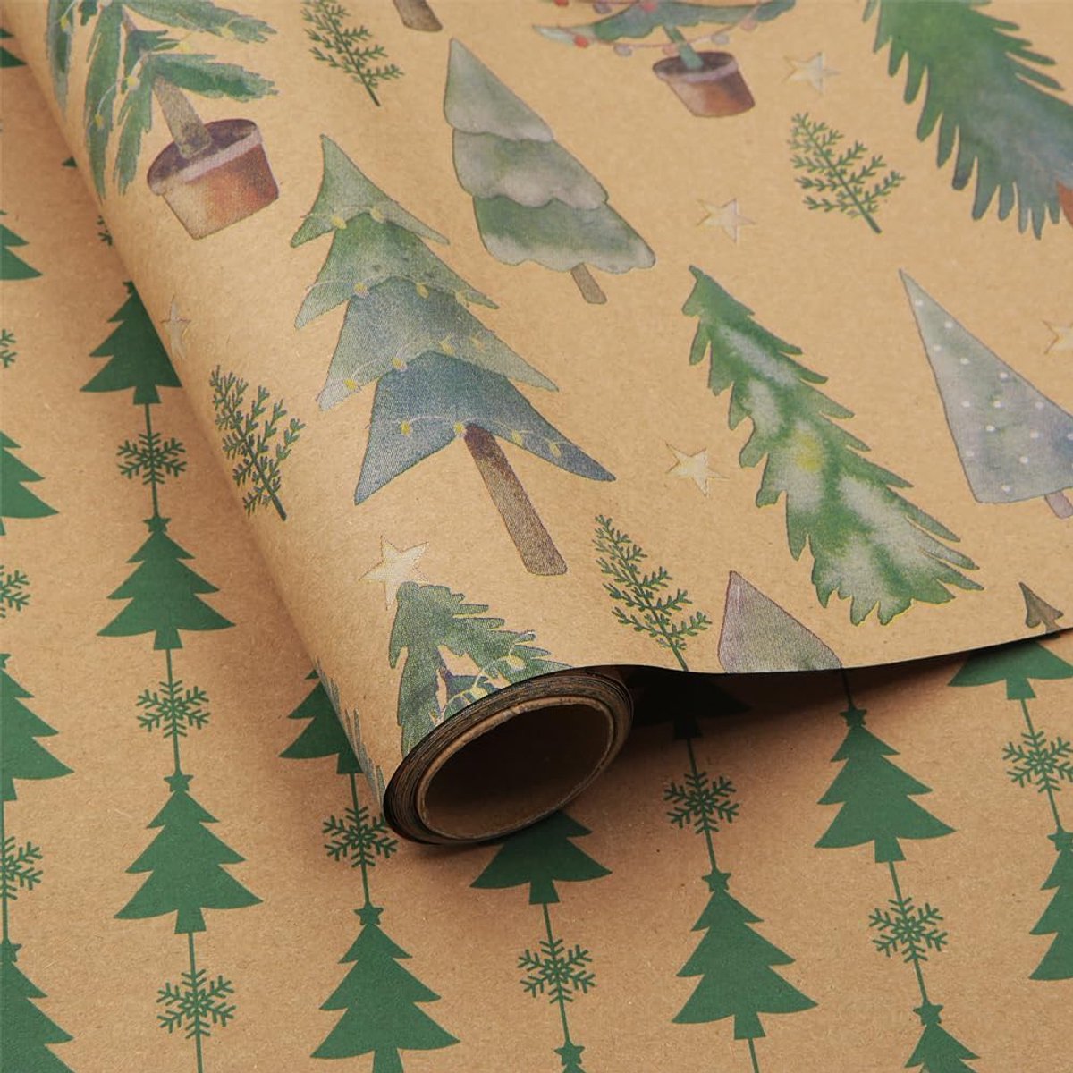 Kerstinpakpapierrol 0,43 x 3 m - omkeerbaar kraftpapier - kleurrijke bomen en sneeuwvlokken - ShopVlot